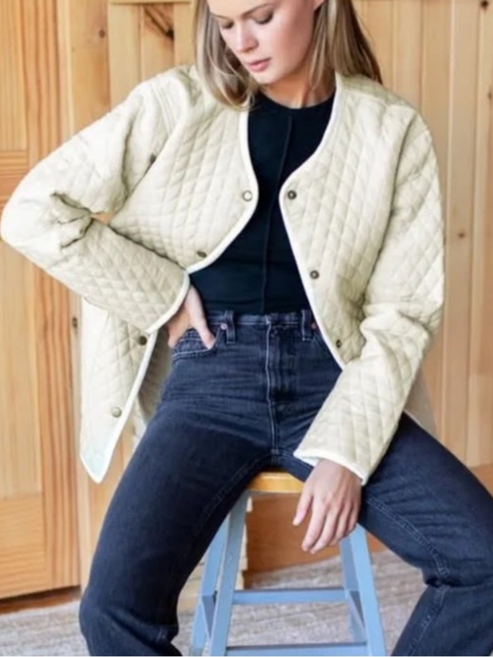 Emerson Fry Quilt Cotton Jacket Buttermilk Tan Size L Snap Closure